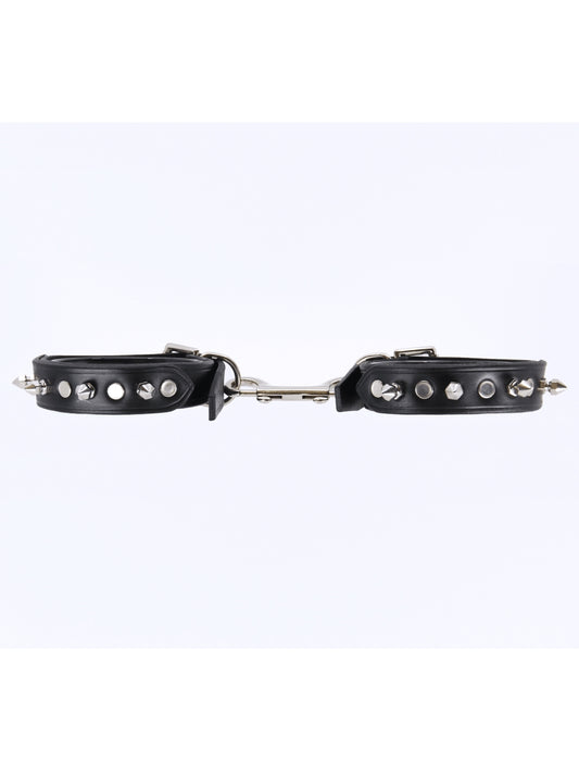 Love In Leather Spiked Leather Hand Cuffs Black-Silver