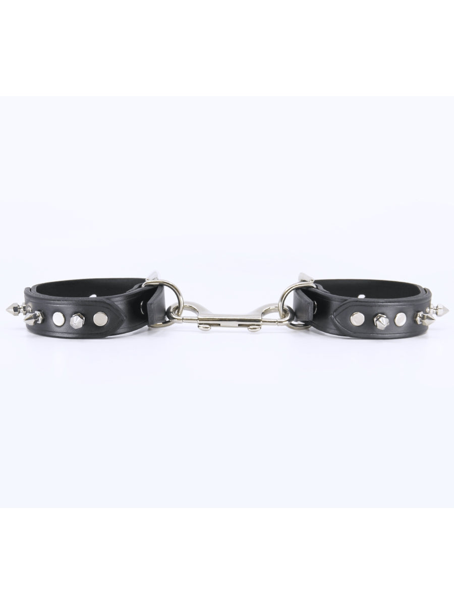 Love In Leather Spiked Leather Hand Cuffs Black-Silver
