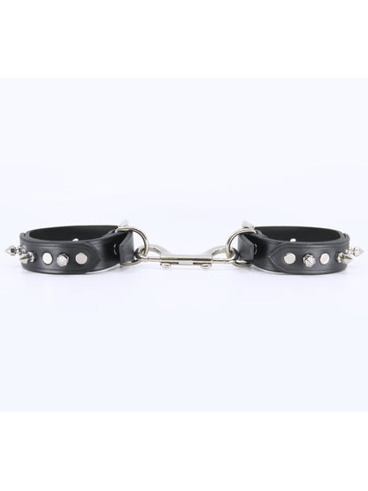 Love In Leather Spiked Leather Hand Cuffs Black-Silver