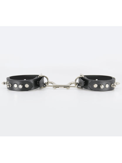 Love In Leather Spiked Leather Hand Cuffs Black-Silver