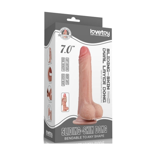 Lovetoy 7 Inch Sliding Skin Dual Layer Dildo Flesh retail packaging
