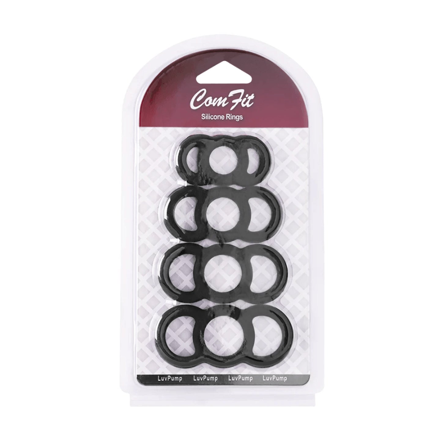 LuvPump Com Fit Silicone Cock Ring Set Black in retail packaging