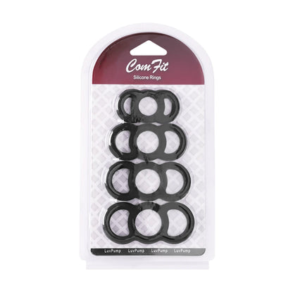 LuvPump Com Fit Silicone Cock Ring Set Black in retail packaging