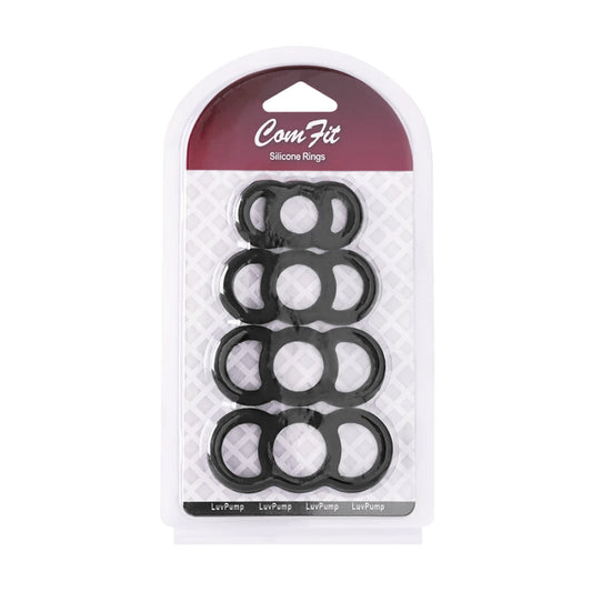 LuvPump Com Fit Silicone Cock Ring Set Black in retail packaging