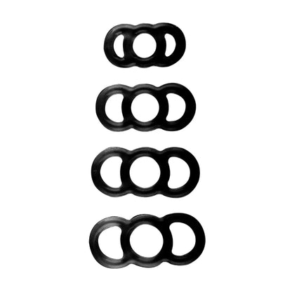 Four black silicone cock rings in graduated sizes