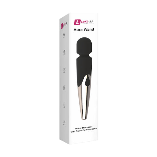 Luxe-AF Aura Vibrating Wand Massager Black in retail packaging