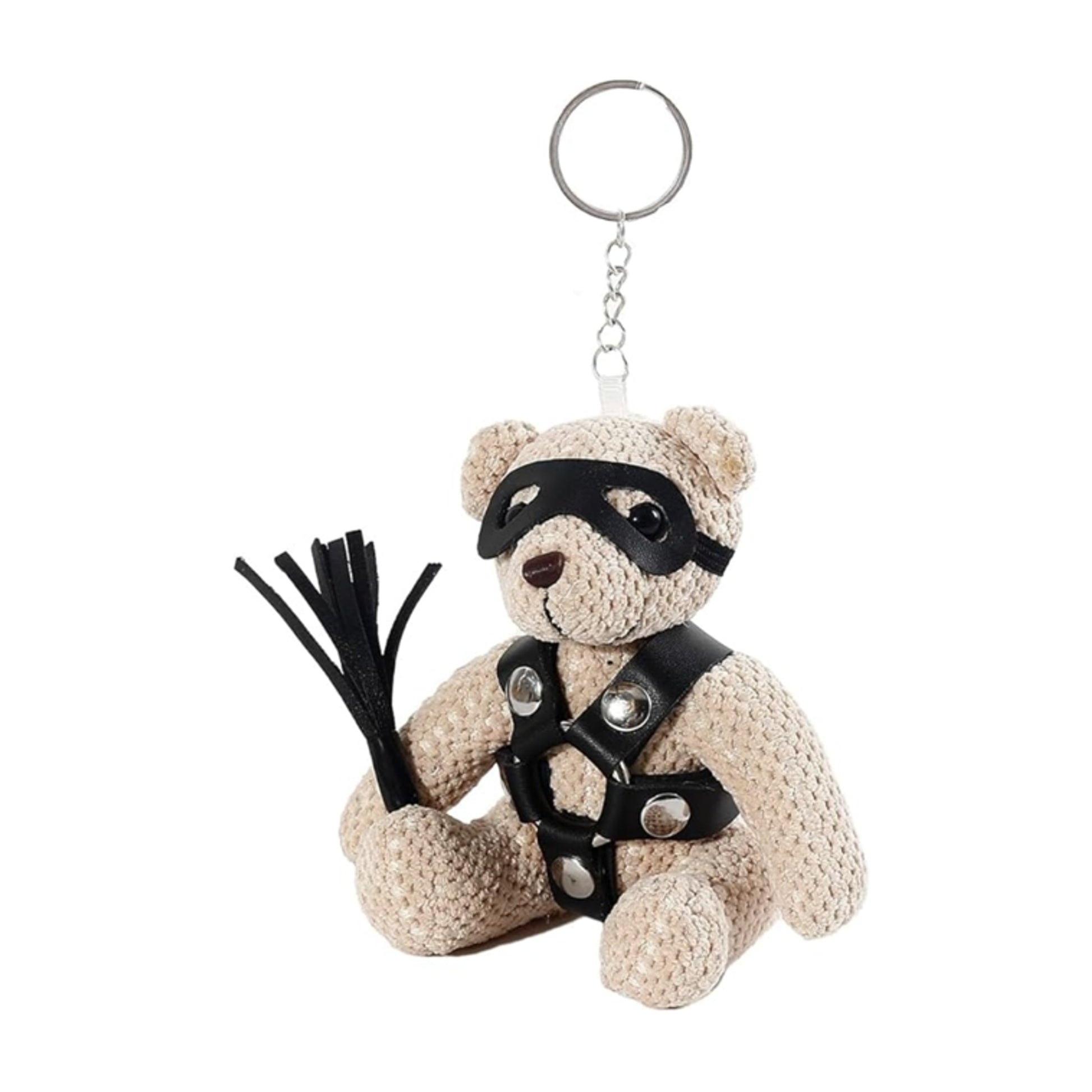 Angled front view of teddy keychain with black harness and mask