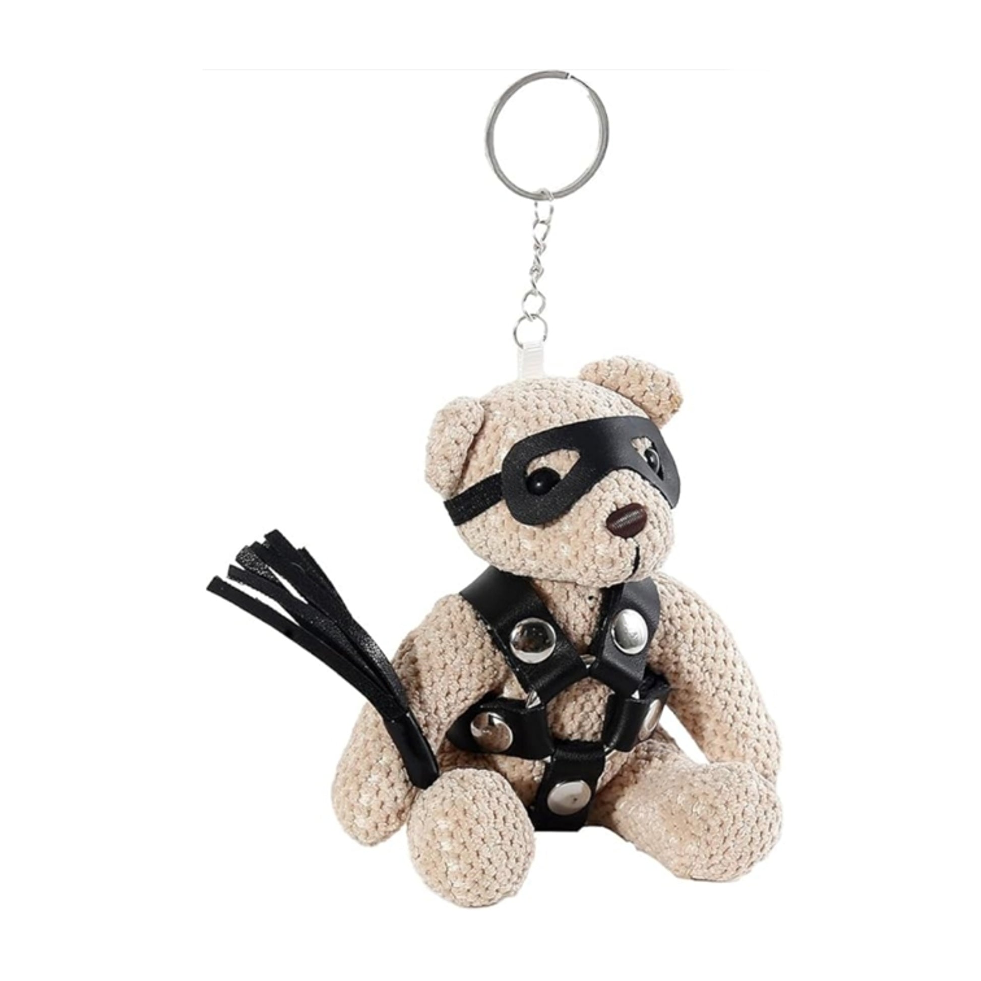 Front view of teddy keychain holding decorative mini flogger