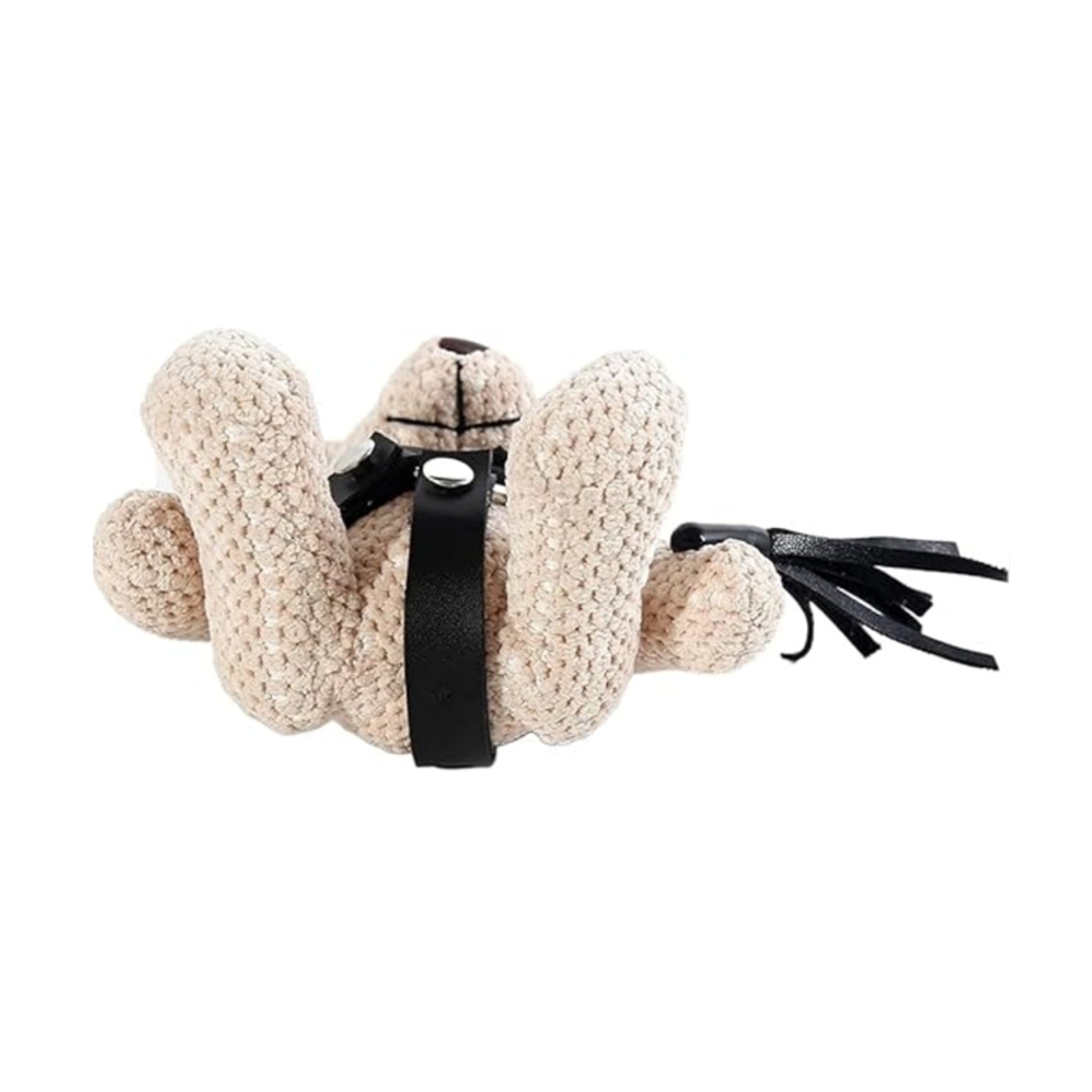 Underside view of teddy keychain showing harness detail