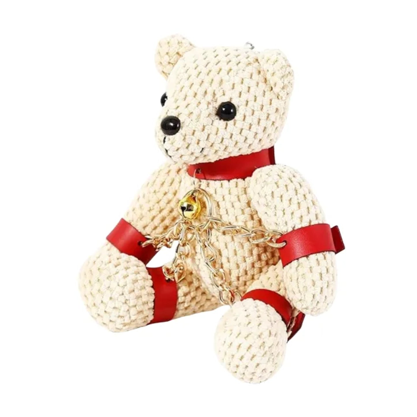 Angled front view of teddy bear keychain with red straps