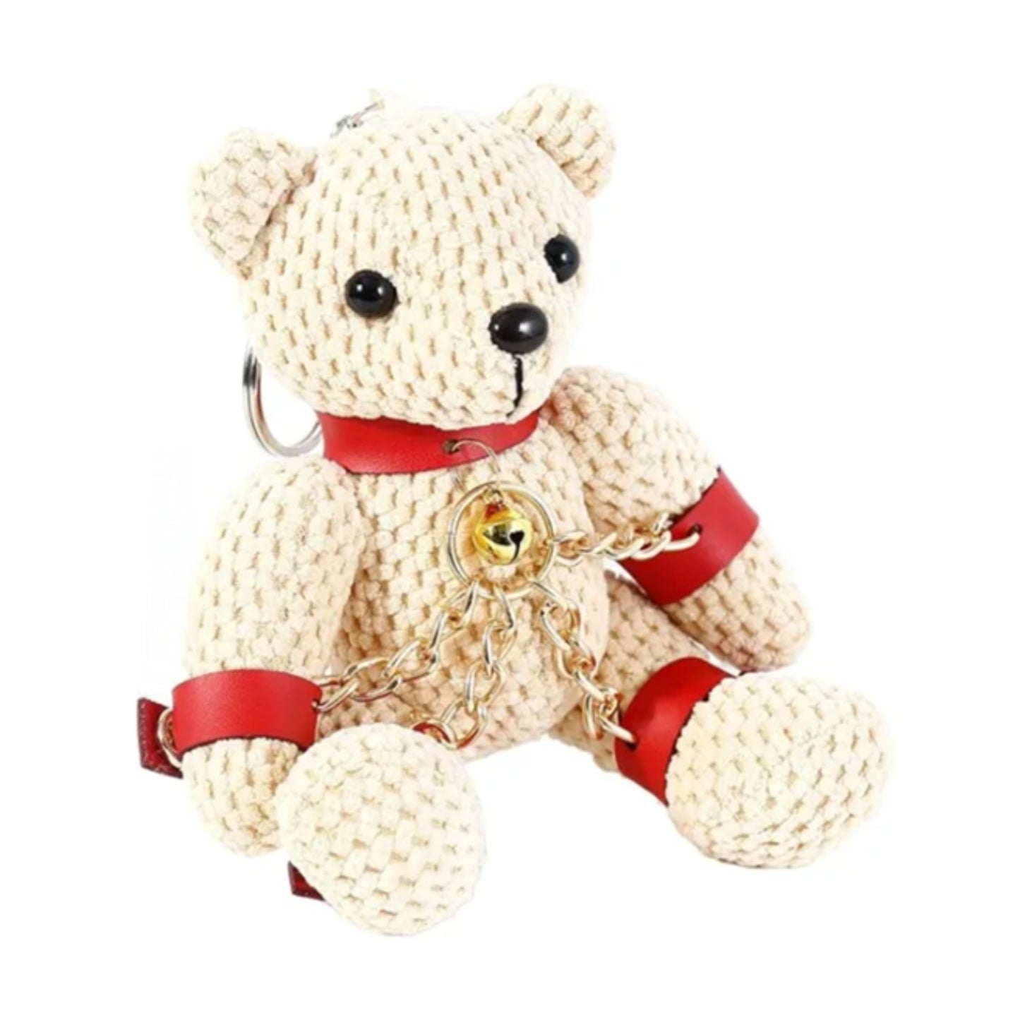 Three-quarter view of plush teddy keychain with decorative chains