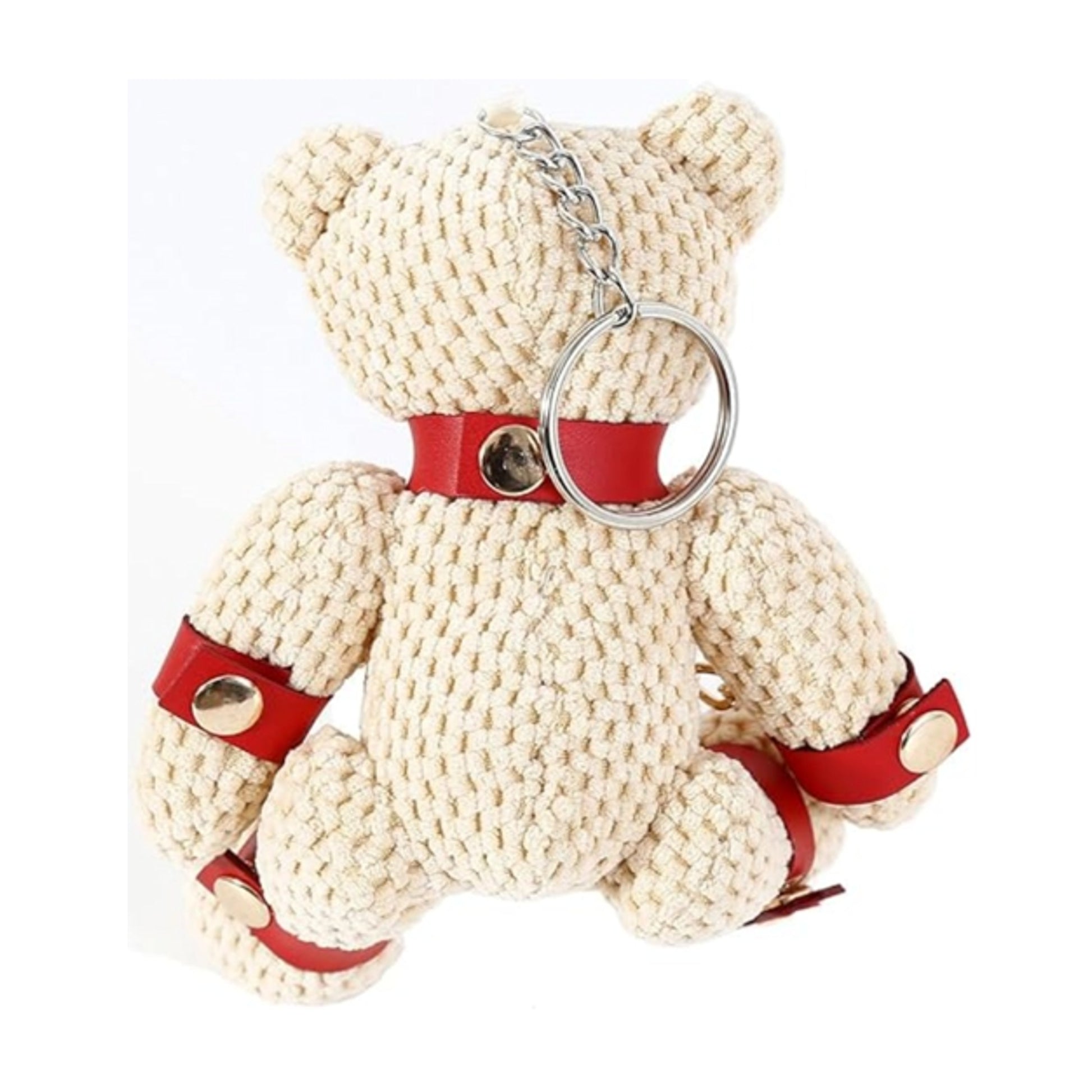 Rear view of teddy bear keychain showing keyring attachment