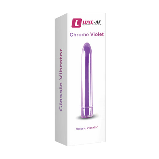 Luxe-AF Chrome Violet Classic Vibrator in retail packaging