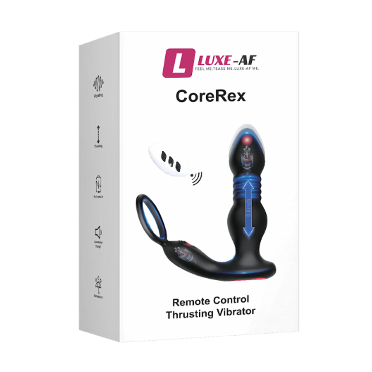 Luxe-AF Core Rex Thrusting Prostate Massager in retail packaging