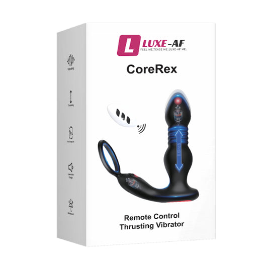 Luxe-AF Core Rex Thrusting Prostate Massager in retail packaging