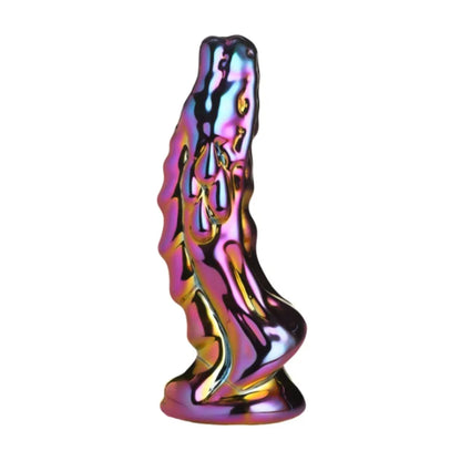 Side view of iridescent dragon glass dildo with textured body