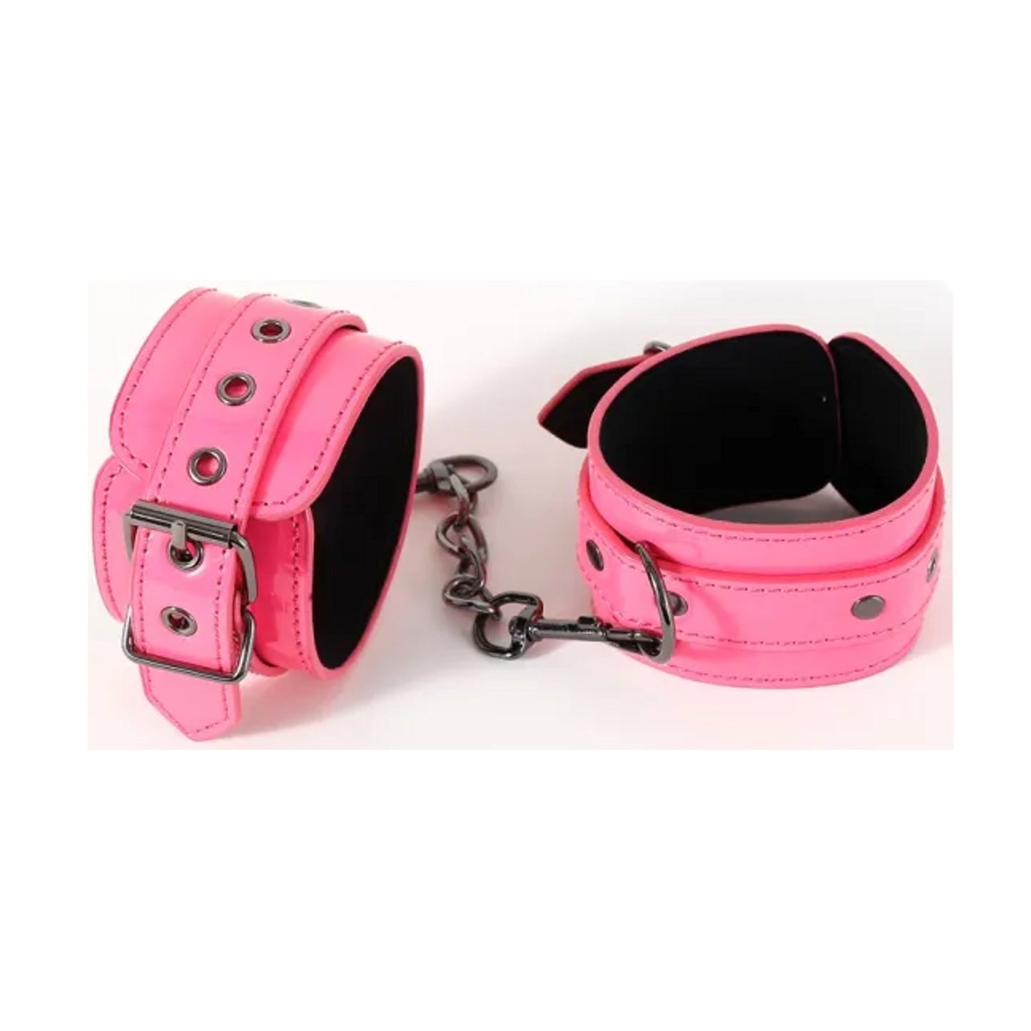 Hot pink faux leather handcuffs with removable chain
