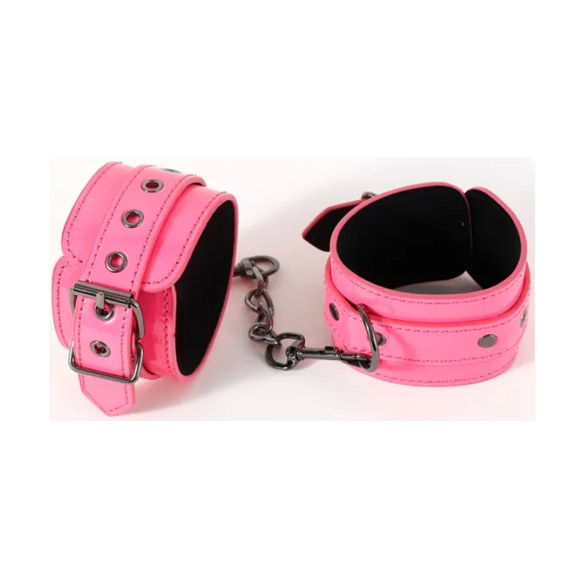 Hot pink faux leather handcuffs with removable chain