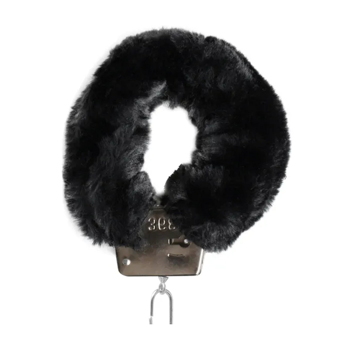 Close-up of leopard plush cuff with metal locking mechanism