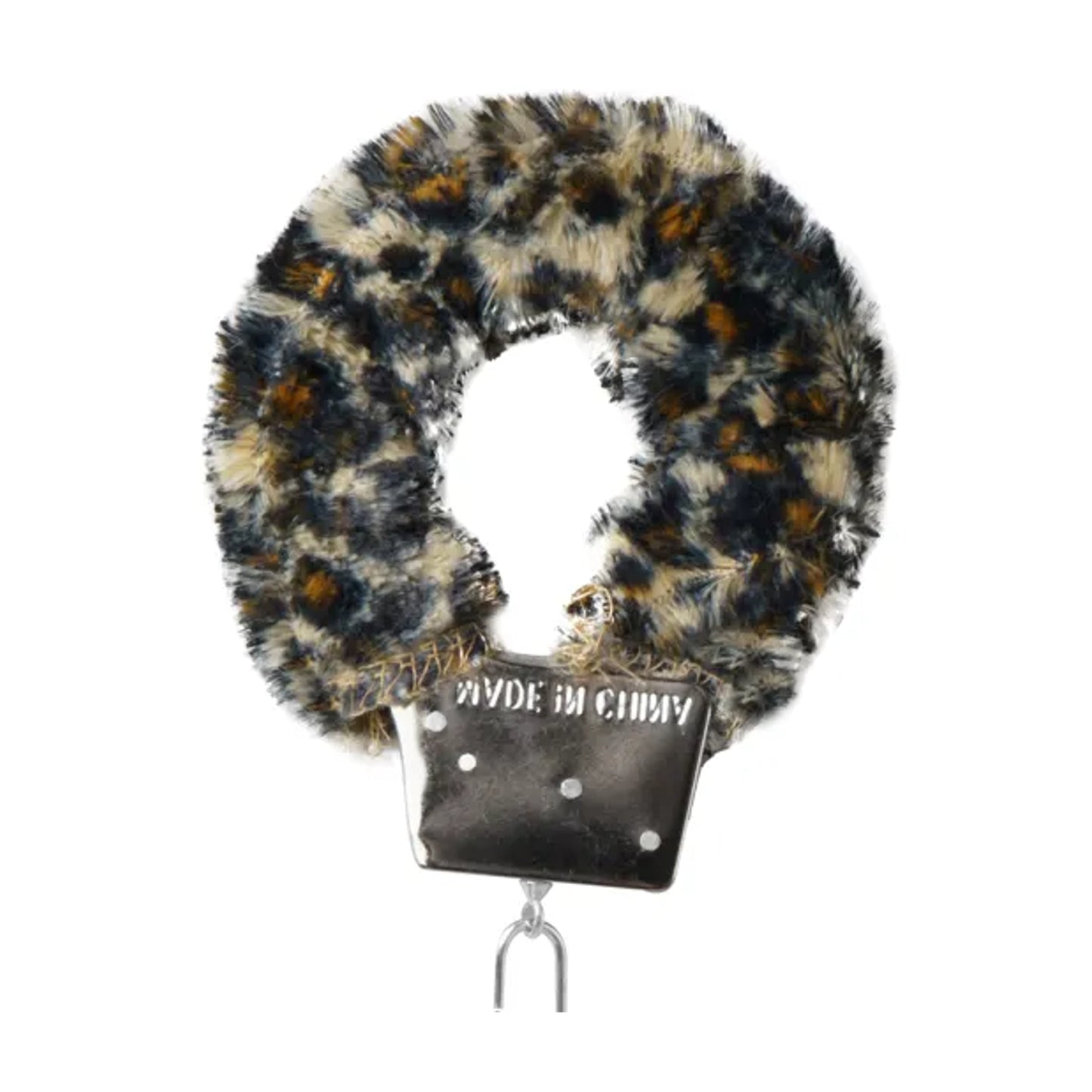 Close-up of leopard plush cuff with metal locking mechanism