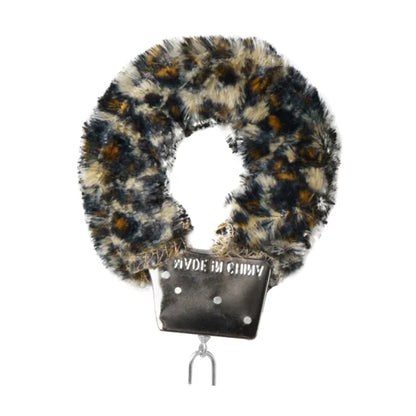 Close-up of leopard plush cuff with metal locking mechanism