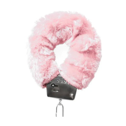 Close-up of pink plush cuff with metal locking mechanism