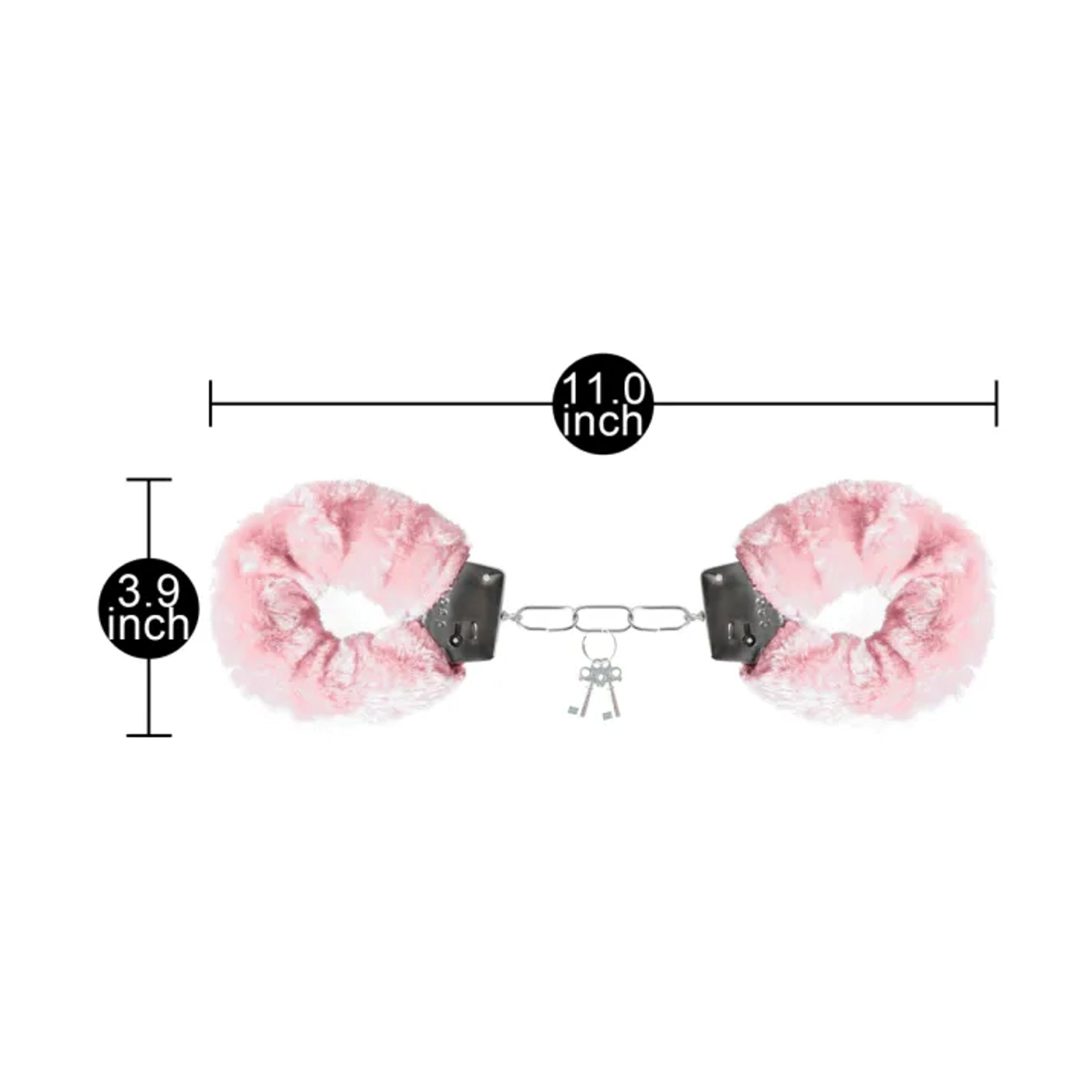 Measurement guide showing pink fluffy handcuffs