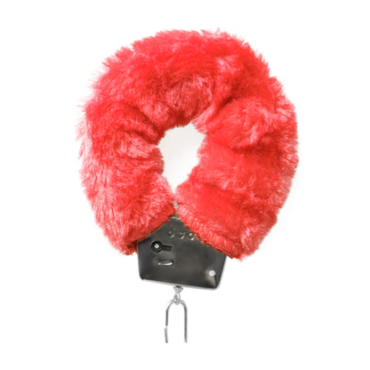 Close-up of red plush cuff with metal locking mechanism