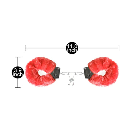 Measurement guide showing red fluffy metal handcuffs