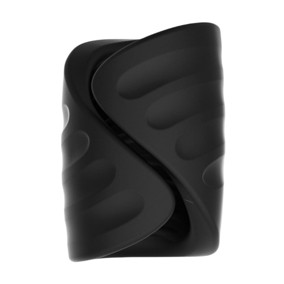 Front view of black silicone masturbator with ridged interior