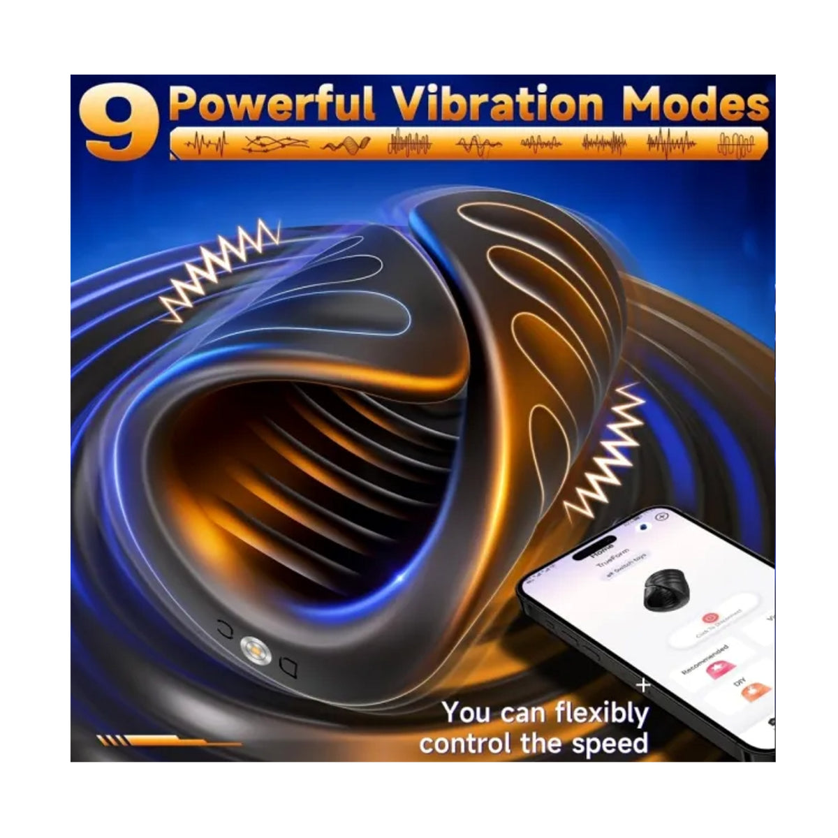 Graphic showing 9 vibration modes and app control