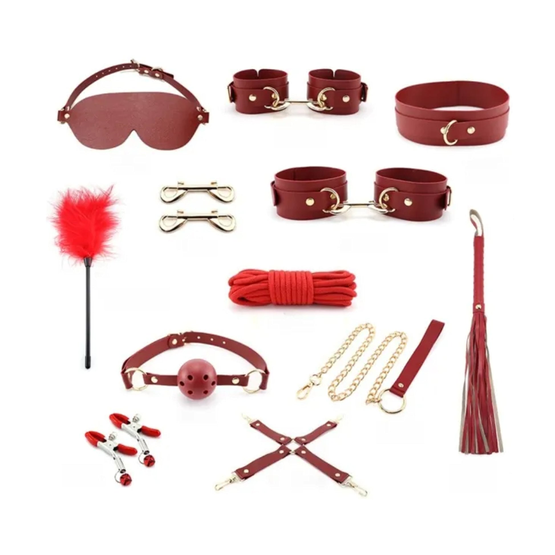Wine red bondage accessory kit laid out flat