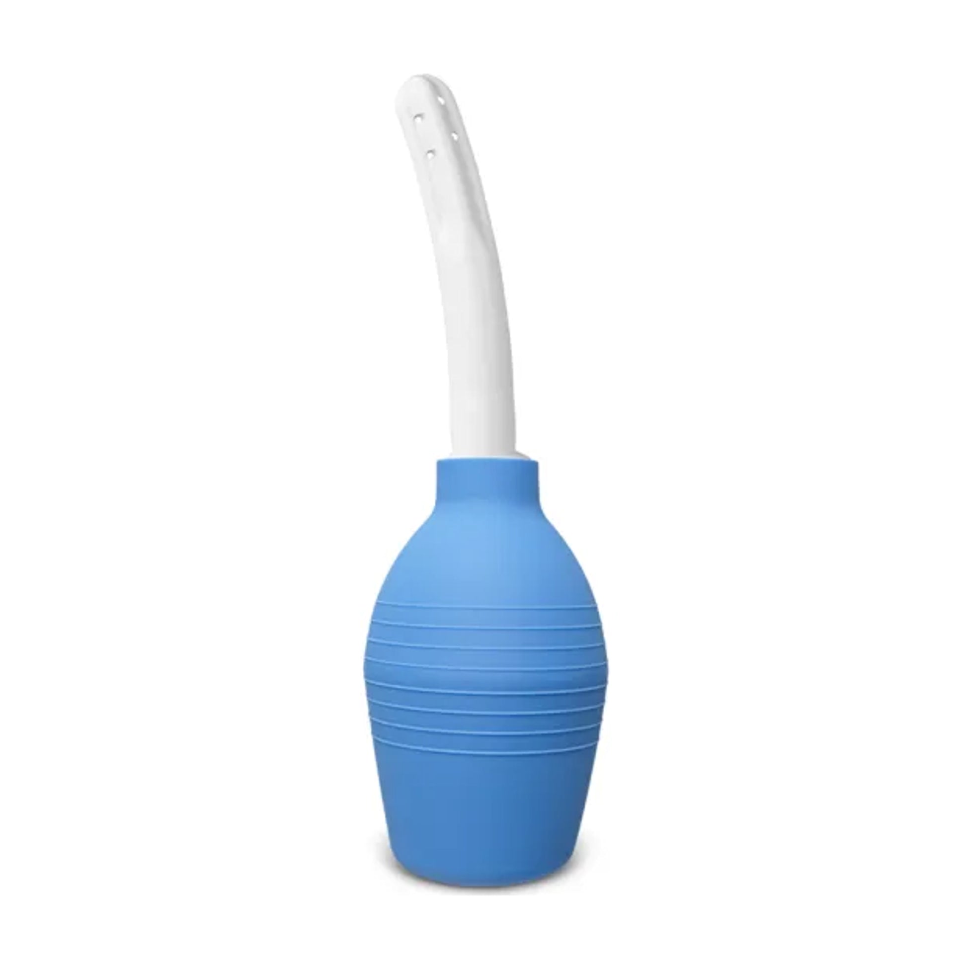Front view of blue bulb douche with white curved nozzle