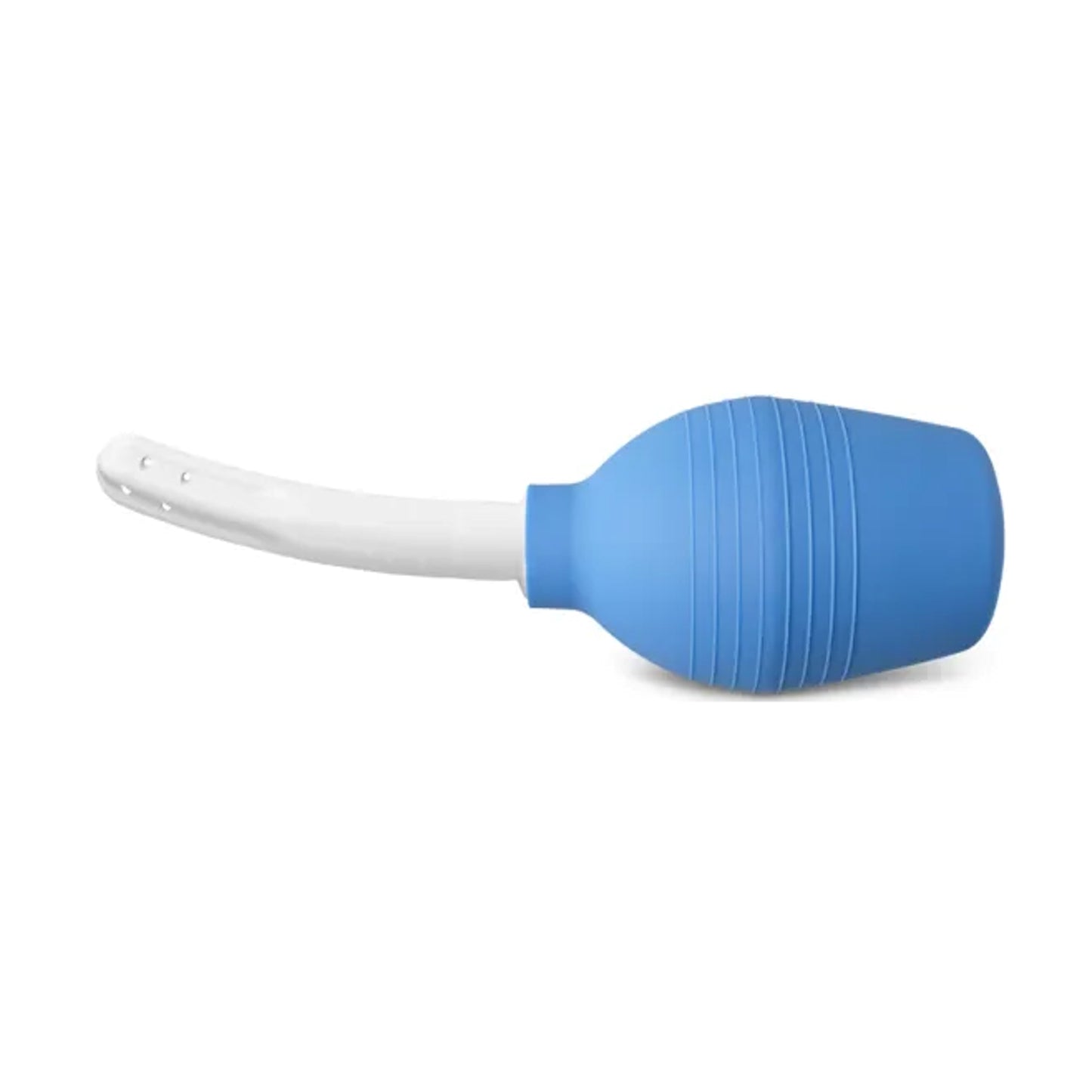 Side view of blue bulb douche and white nozzle