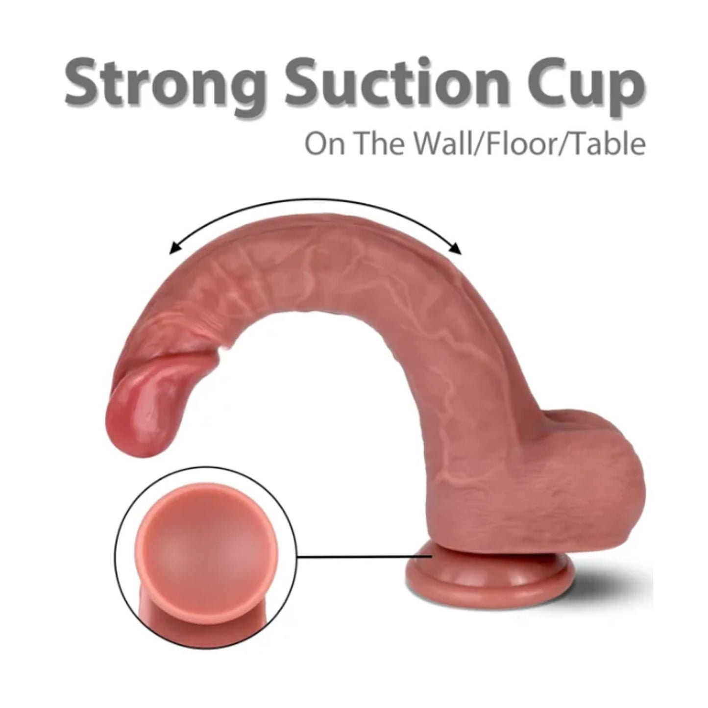 Graphic showing flexibility of realistic silicone dildo