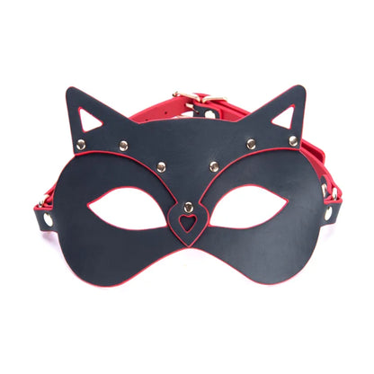 Front view of cat mask with heart detail and gold fittings