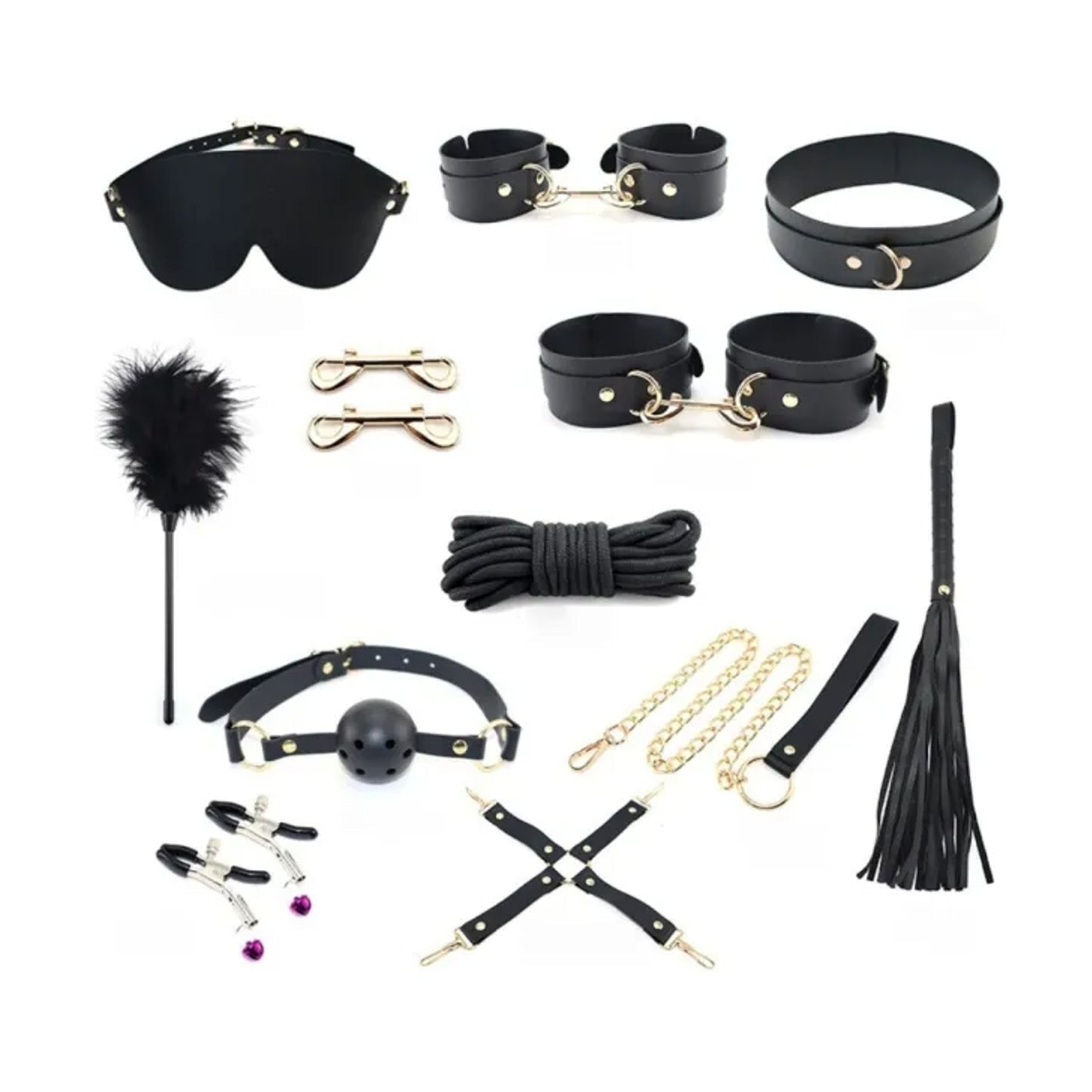 Black and gold bondage accessory kit laid out flat