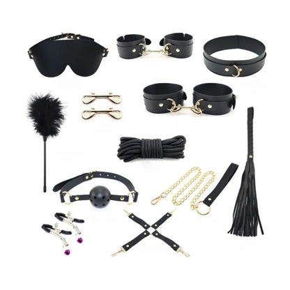 Black and gold bondage accessory kit laid out flat