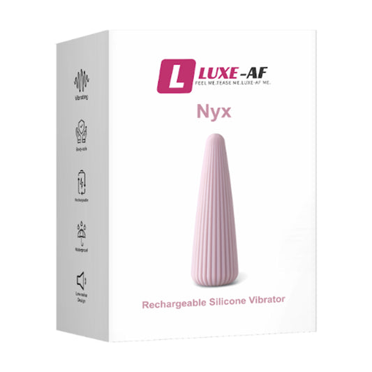 Luxe-AF Nyx Rechargeable Silicone Vibrator in retail packaging