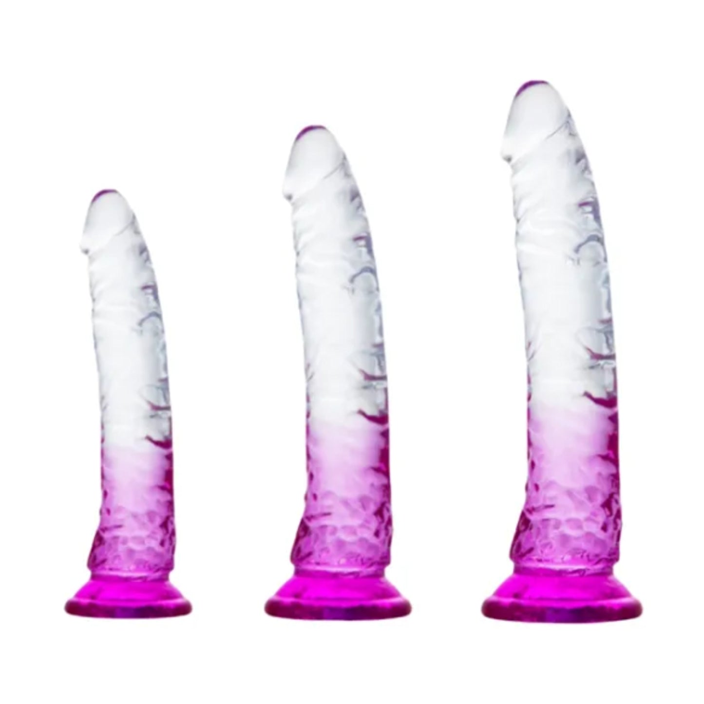 Three clear and purple ombre dildos in small medium and large sizes