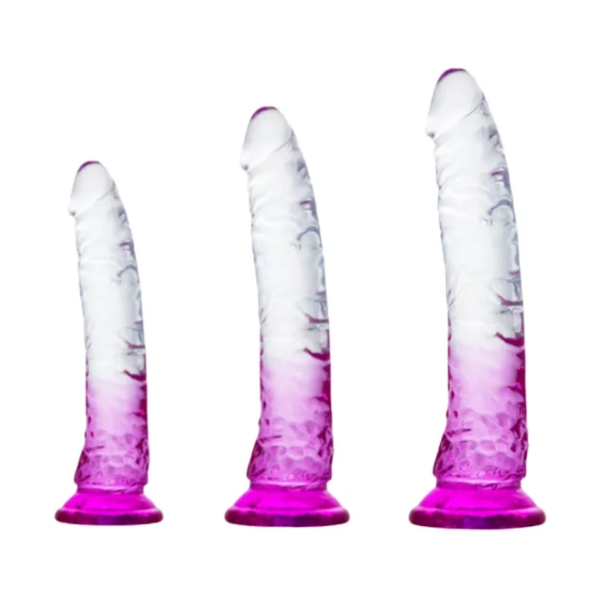 Three clear and purple ombre dildos in small medium and large sizes