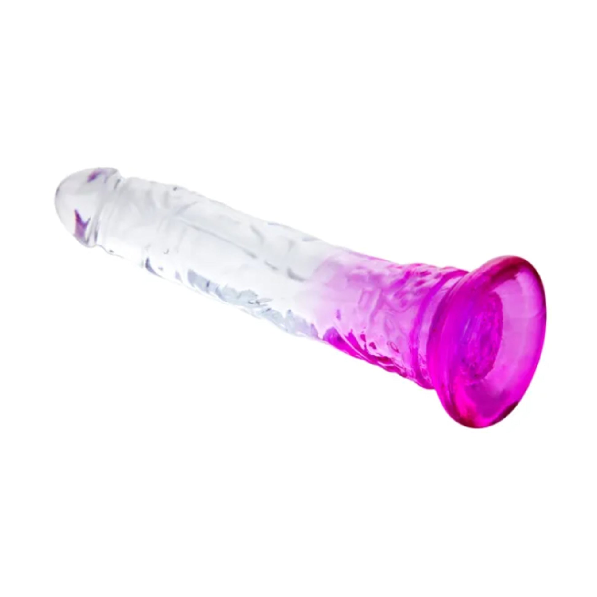 Rear angled view of clear and purple ombre dildo with suction cup base