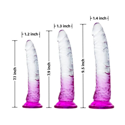 Dimension guide showing all three dildo sizes and widths