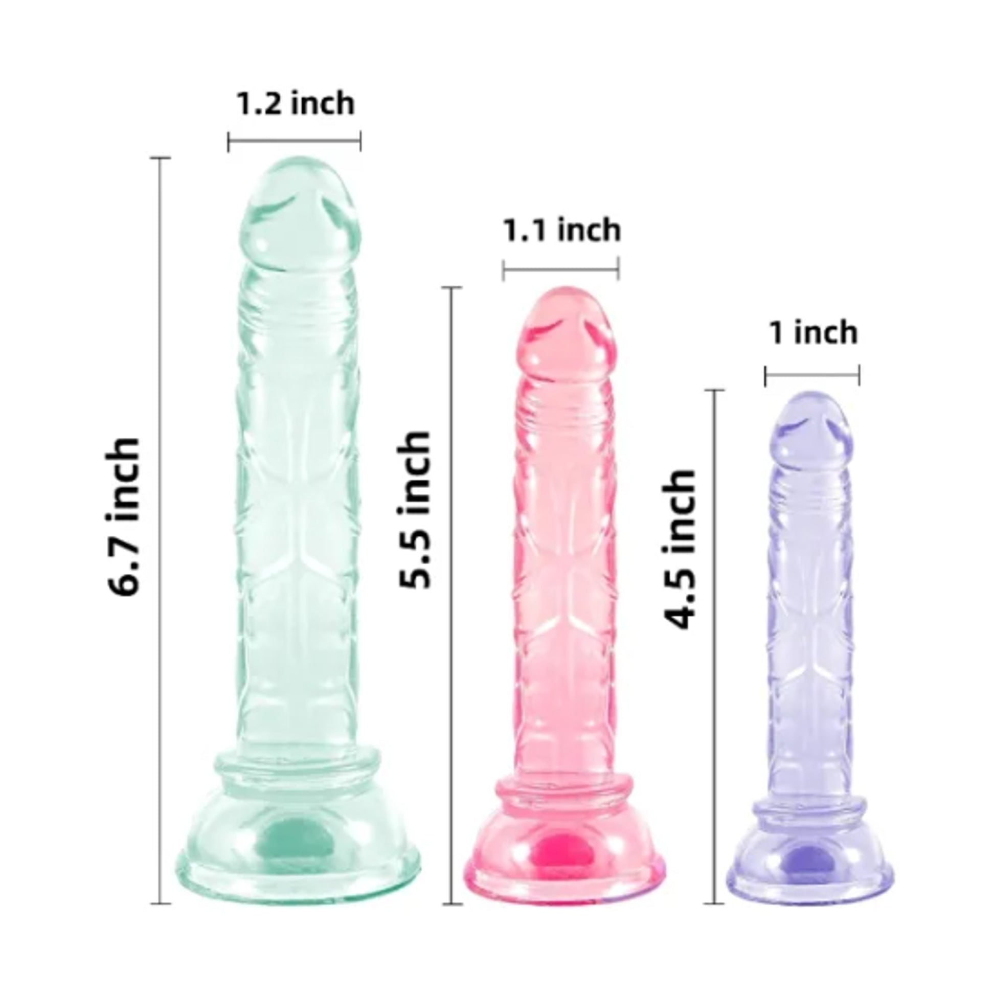 Dimension guide showing lengths and widths of all three dildos