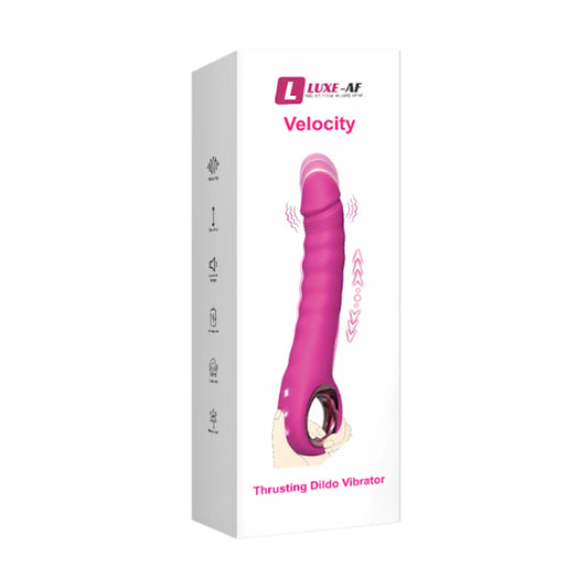 Luxe-AF Velocity 7 Speed Thrusting Vibrator in retail packaging