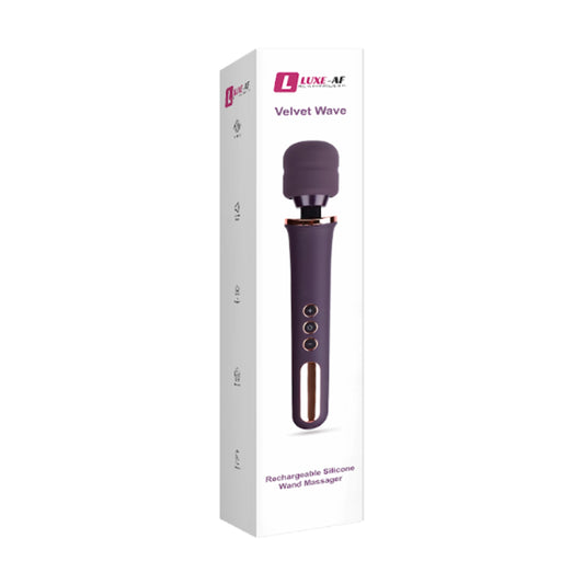 Luxe-AF Velvet Wave Vibrating Wand Massager in retail packaging