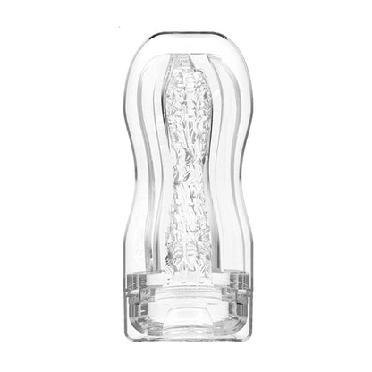 Clear masturbator showing textured interior