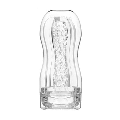 Clear stroker showing textured inner sleeve