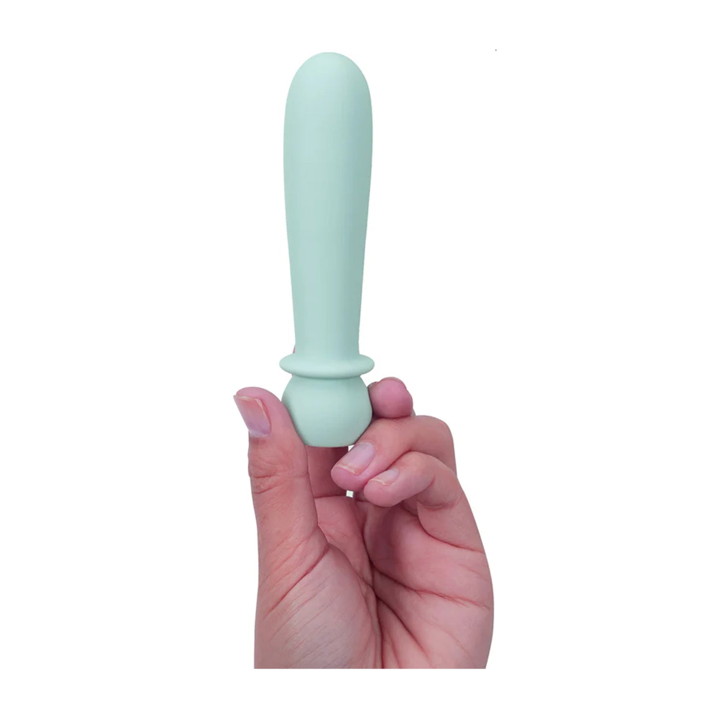 Teal bullet vibrator held in fingertips for size scale
