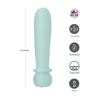 Teal bullet with size measurement and feature icons